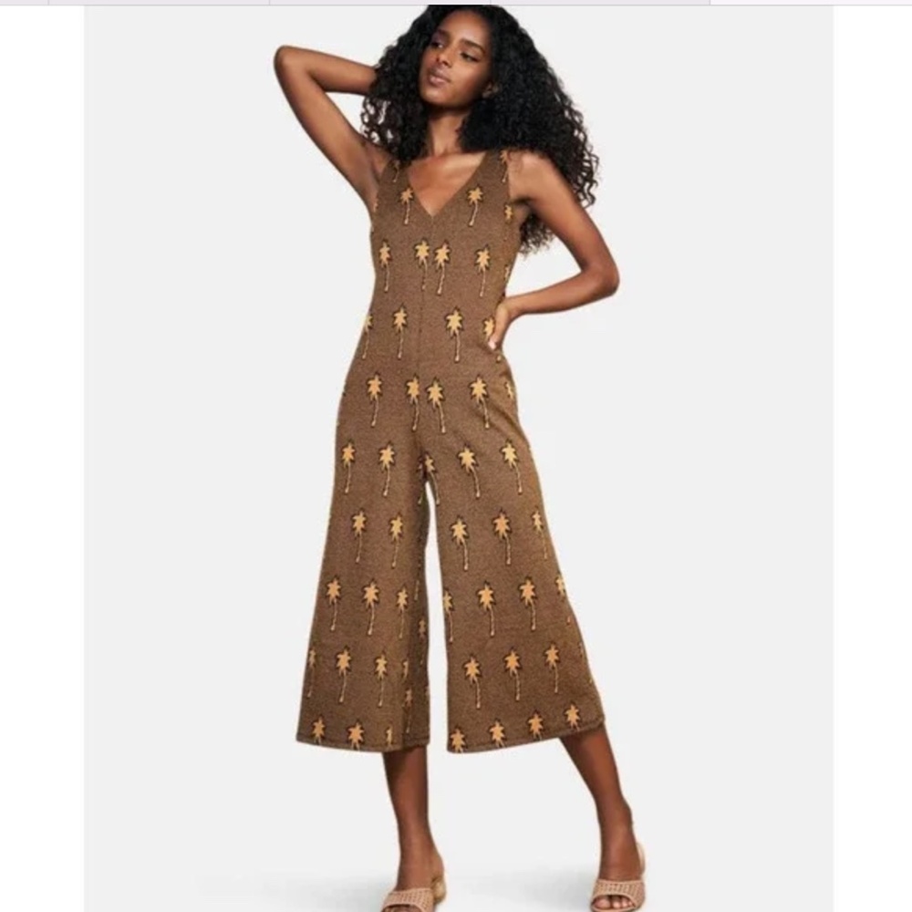 Anthropologie Brown Palm-Print Wide-Leg Jumpsuit